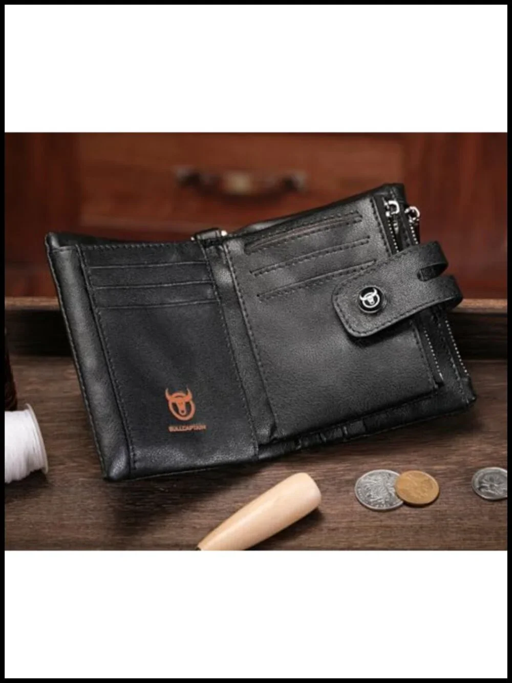 Men's Genuine Leather Bifold Wallet with Chain RFID Blocking Removable Zipper